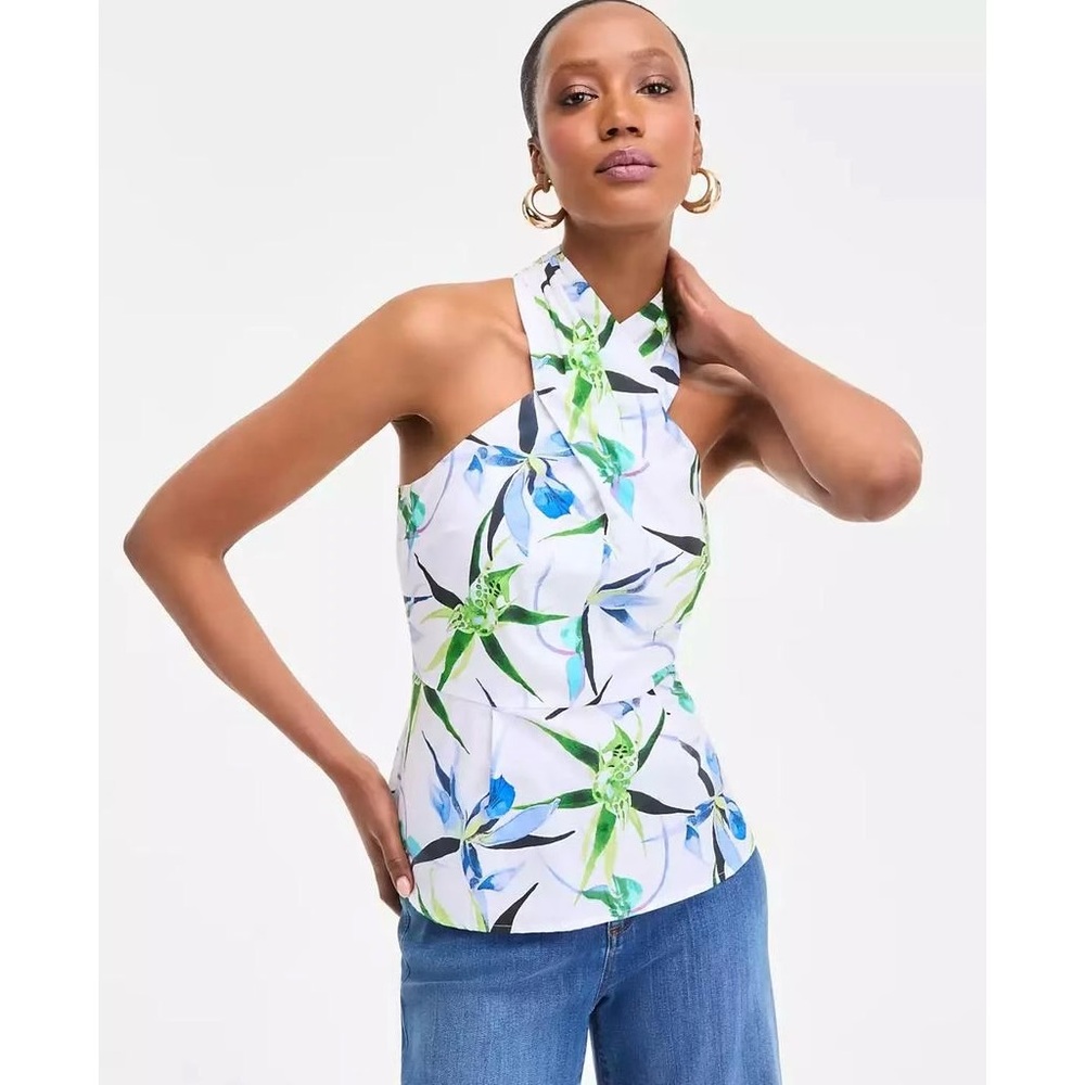 NWT INC International Concepts Floral Print Halterneck Top White & Blue Size 14 - Picture 1 of 6